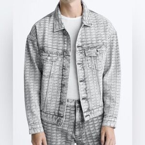 ZARA Men Denim Gray Jean Jacket Geometric Streetwear Festival Edgy Hipster XL